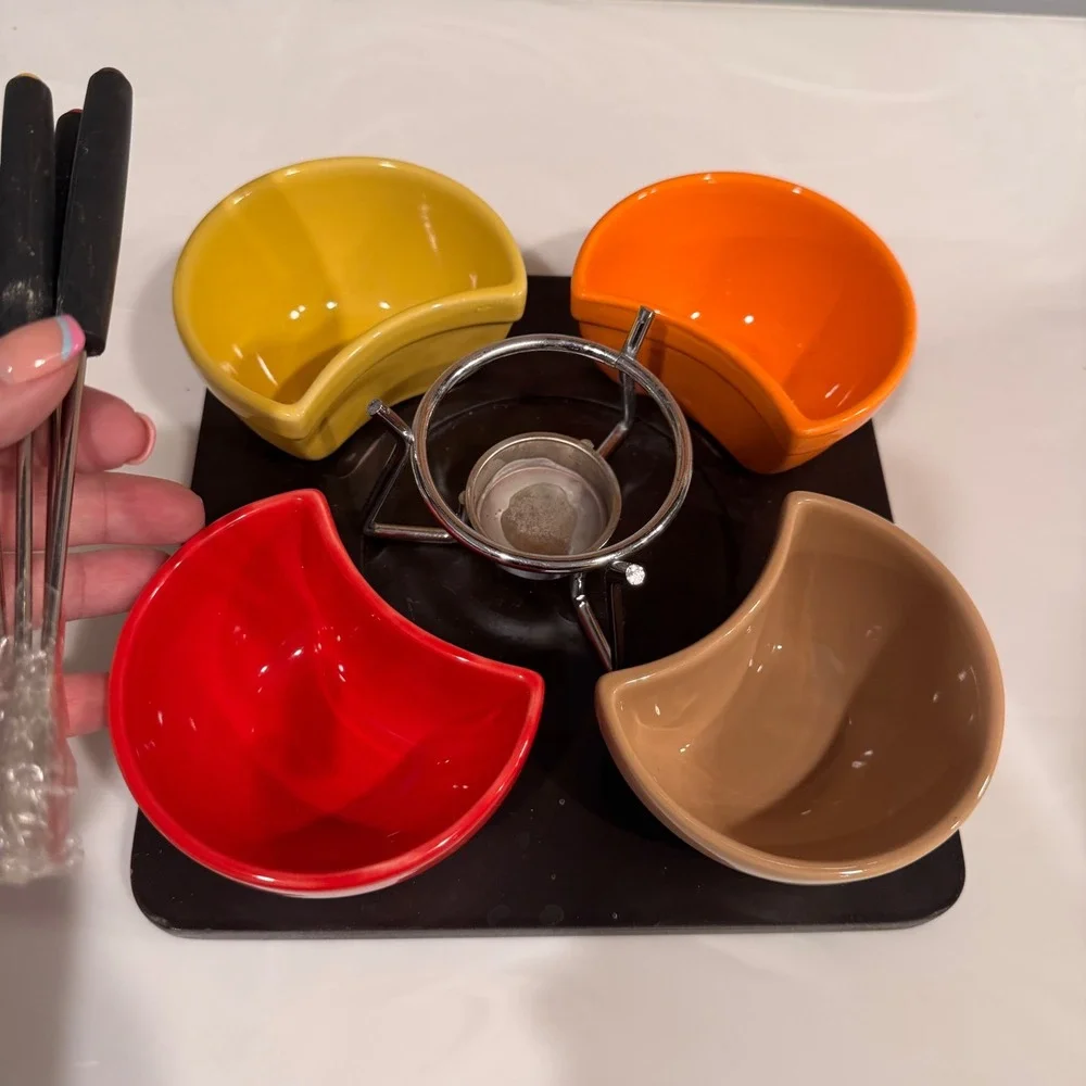 Pier 1 Imports Retro Colorful‎ Stoneware Fondue Set 4 Bowls Forks MCM Style